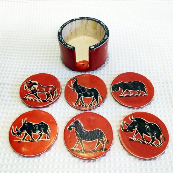 African Animals Hand Carved Kisii Soapstone Coasters-Set of 6-Black/Red/White - Picture 3 of 11